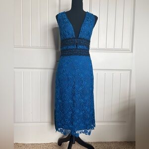 Daisy Fuentes Royal Blue Lace V-Neck Midi Dress with Black Waistband
